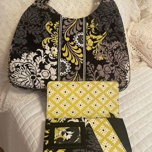Vera bradley black and chartreuse purse and matching wallet.